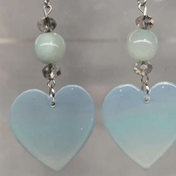 #B192- Handmade Heart-Shaped Earrings in Light Blue With Quartz Beads - Picture 4 of 5